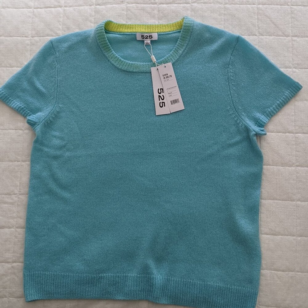 525 America Short-Sleeve Aqua Cashmere Blend Sweater with Lime Trim